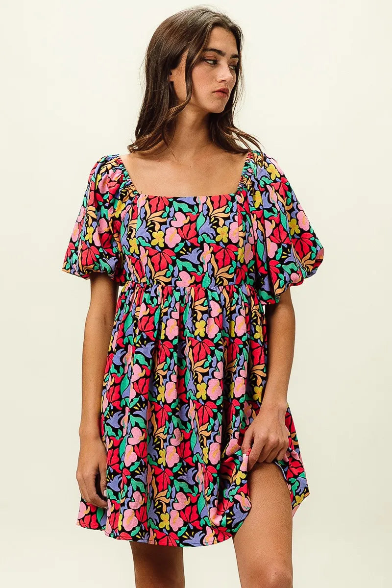 Image of BiBi Floral Print Puff Square Neck Dress | Queeble.shop