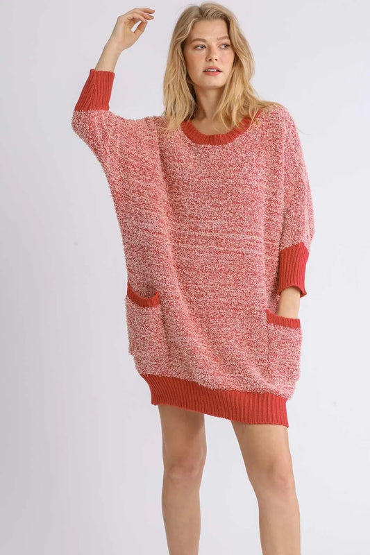 Image of Umgee Full Size Ribbed Hem Round Neck 3/4 Sleeve Sweater Dress with Pockets Plus Size | Queeble.shop
