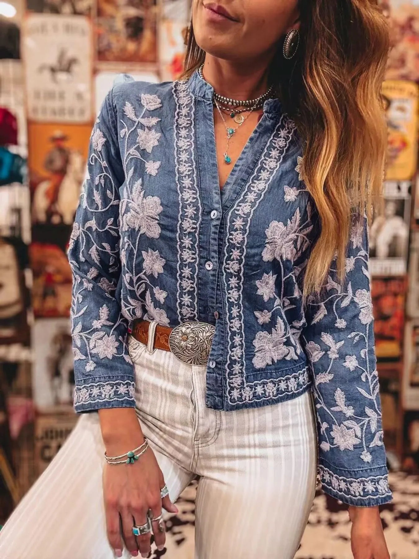 Image of Floral Embroidered Button Up Denim Shirt | Queeble.shop