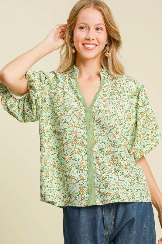 Image of Umgee Full Size Floral Print Puff Sleeve Top Plus Size | Queeble.shop