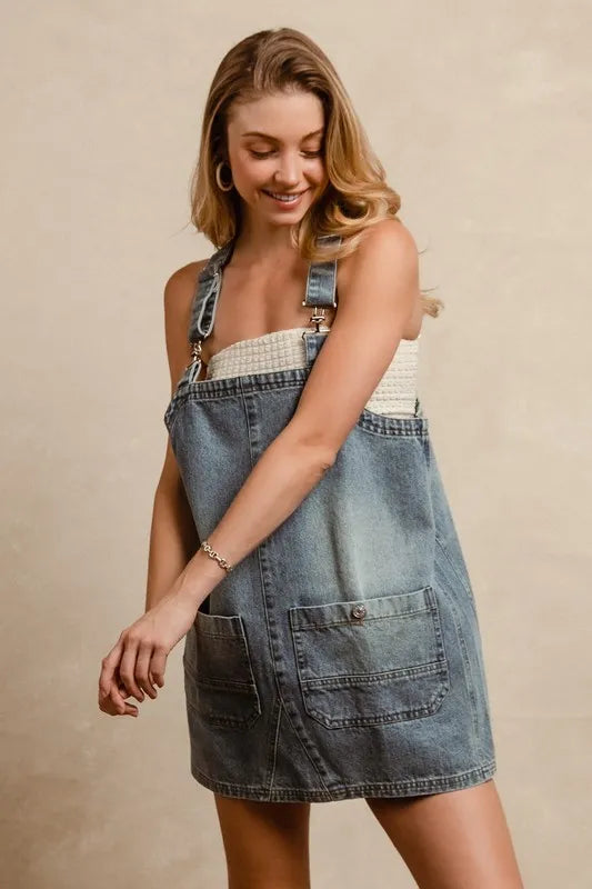 Image of BiBi Washed Adjustable Strap Denim Overall Dress | Queeble.shop