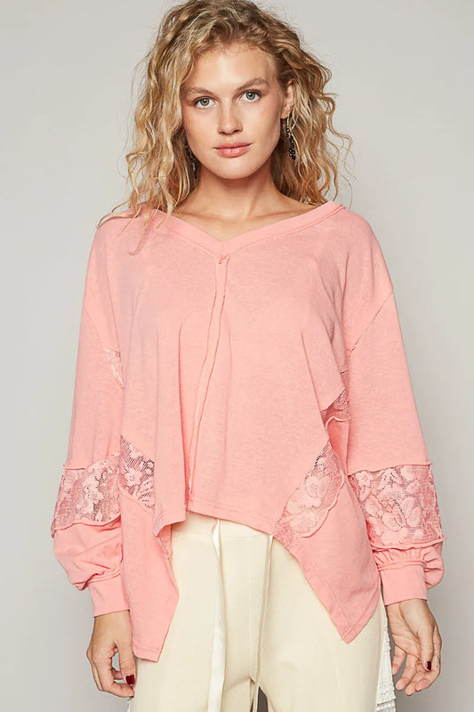 Image of POL V-Neck Long Sleeve T-Shirt with Lace Detail | Queeble.shop