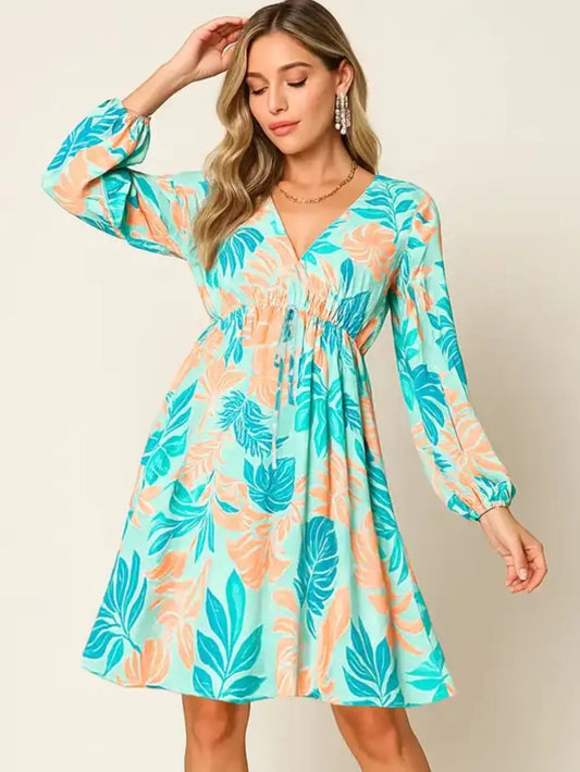 Image of Double Take Full Size Printed V-Neck Drawstring Dress | Queeble.shop