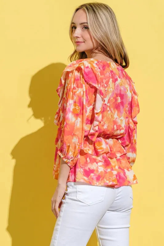 Image of And The Why Ruffled Printed Puff Sleeve Blouse | Queeble.shop