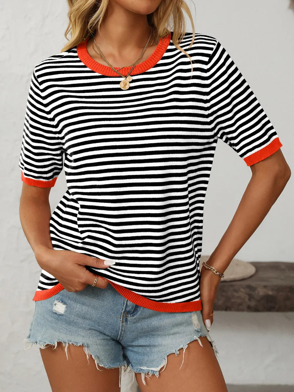 Image of Mandy Striped Round Neck Half Sleeve Knit Top | Queeble.shop