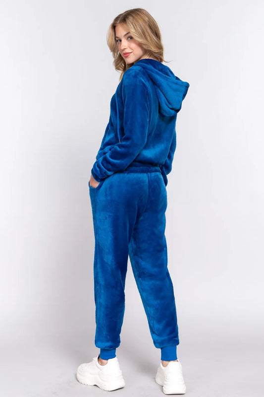 Image of ACTIVE BASIC Faux Fur Zip Up Long Sleeve Hoodie and Joggers Set | Queeble.shop