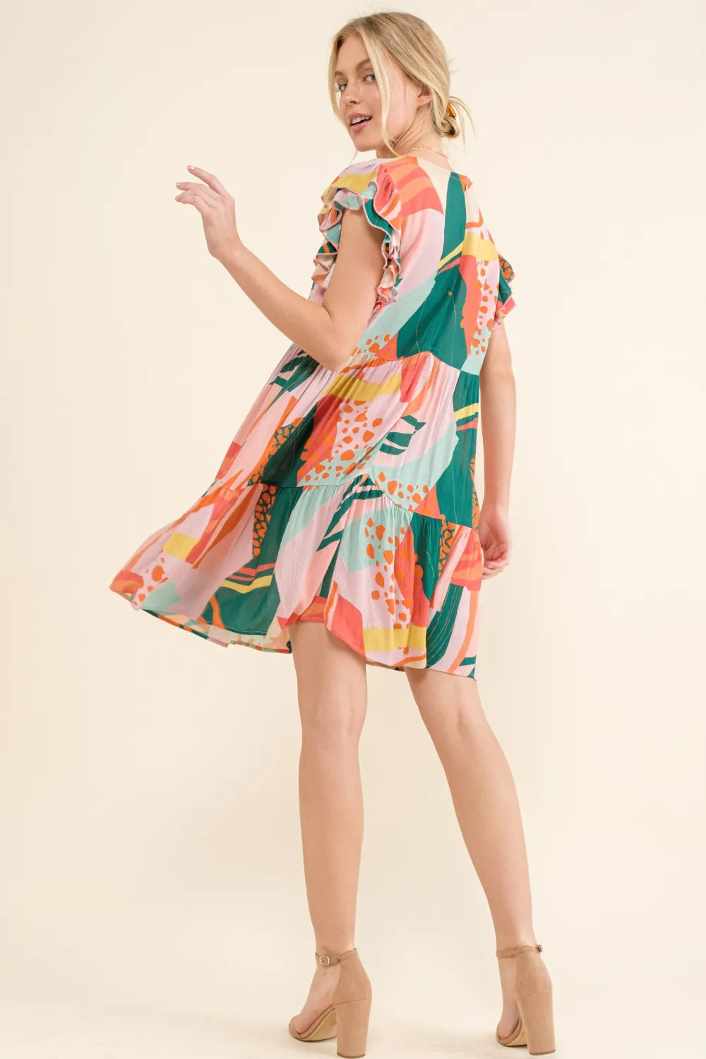 Image of And The Why Printed Double Ruffle Sleeve Dress | Queeble.shop