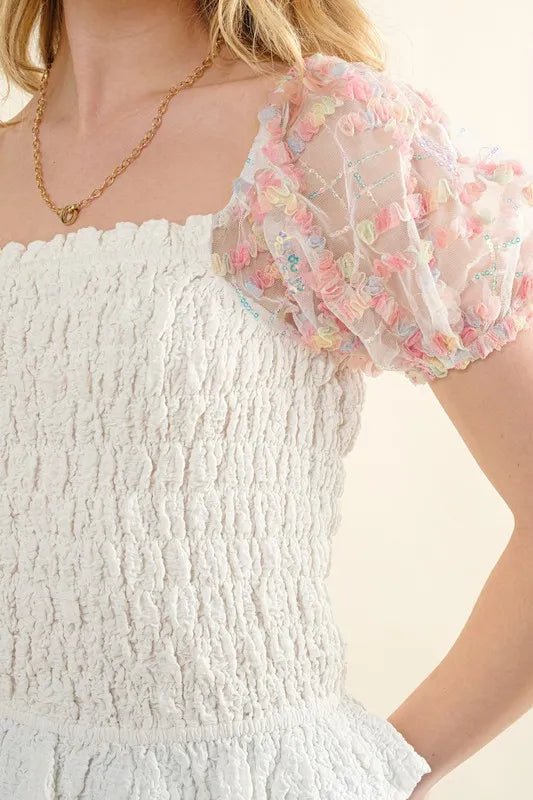 Image of And The Why Embellishment Sleeve Smocked Top | Queeble.shop