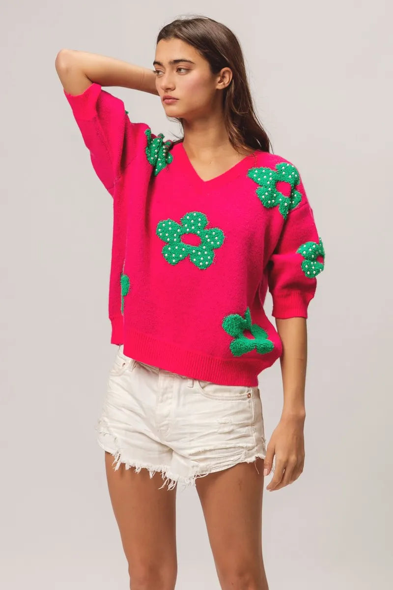 Image of BiBi Pearl Beads Flowers Sweater Top | Queeble.shop