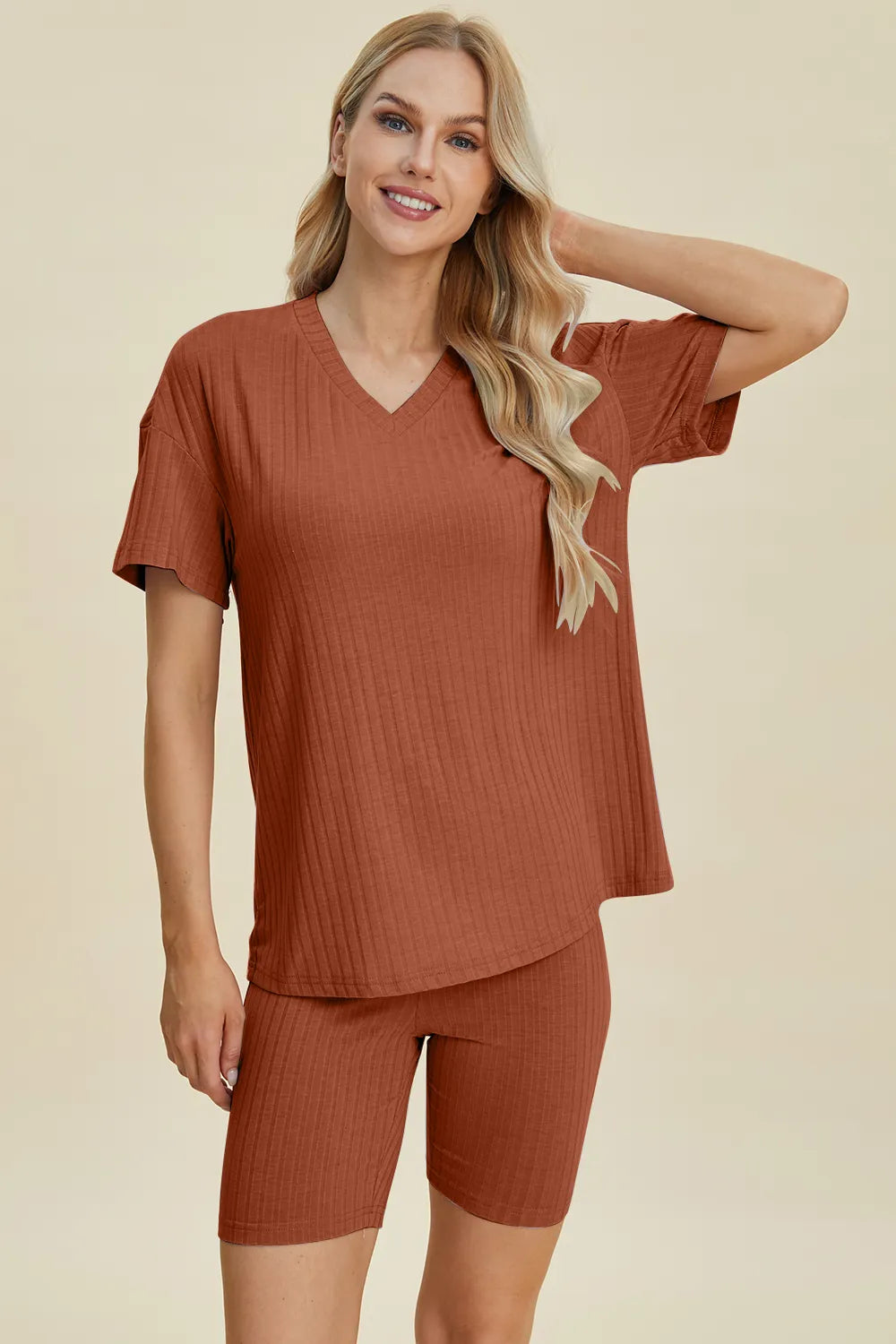 Image of Basic Bae Full Size Ribbed V-Neck Short Sleeve Top and Shorts Set | Queeble.shop
