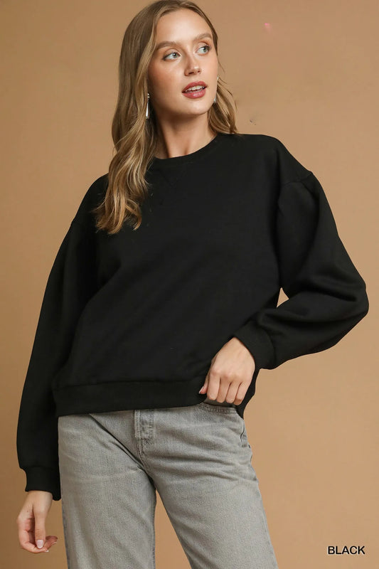 Image of Umgee Round Neck Sweatshirt with Pleated Detail | Queeble.shop