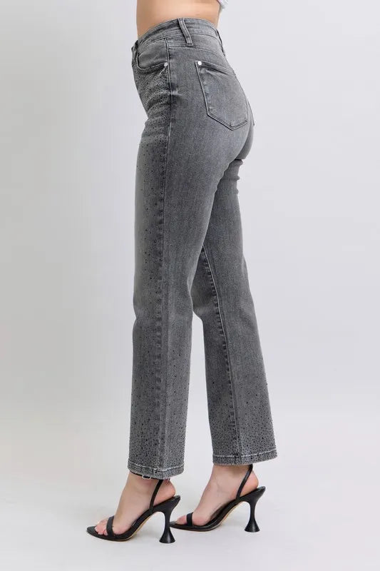 Image of Judy Blue Full Size High Waist Rhinestone Straight Jeans Plus Size | Queeble.shop
