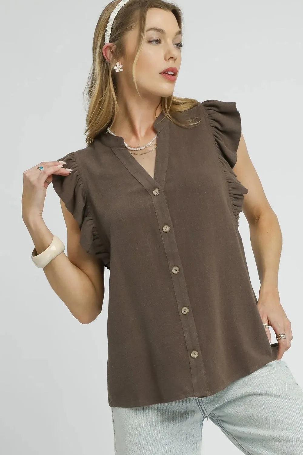 Image of Umgee Linen Ruffle Sleeve Button-Down Shirt | Queeble.shop