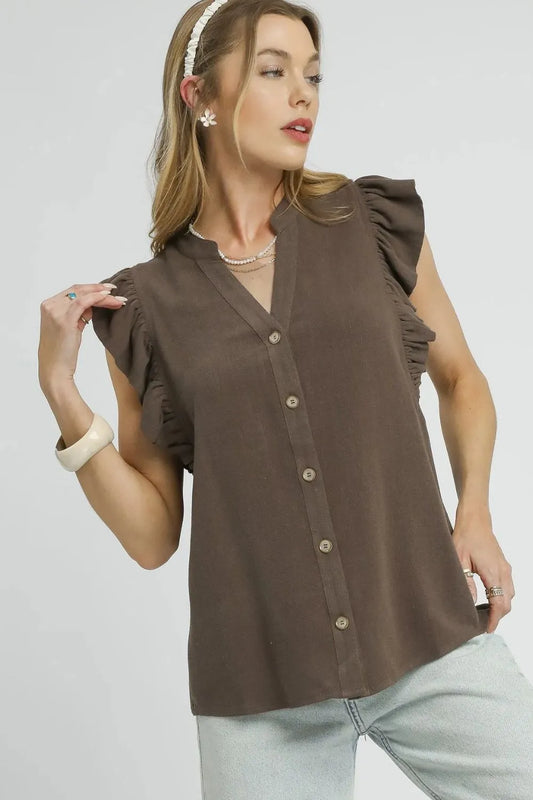 Image of Umgee Linen Ruffle Sleeve Button-Down Shirt | Queeble.shop