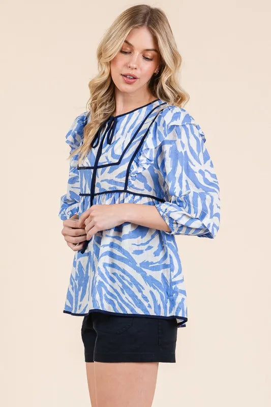 Image of Lime 'N' Chili Graphic Print Solid Trim Quarter Sleeve Blouse | Queeble.shop
