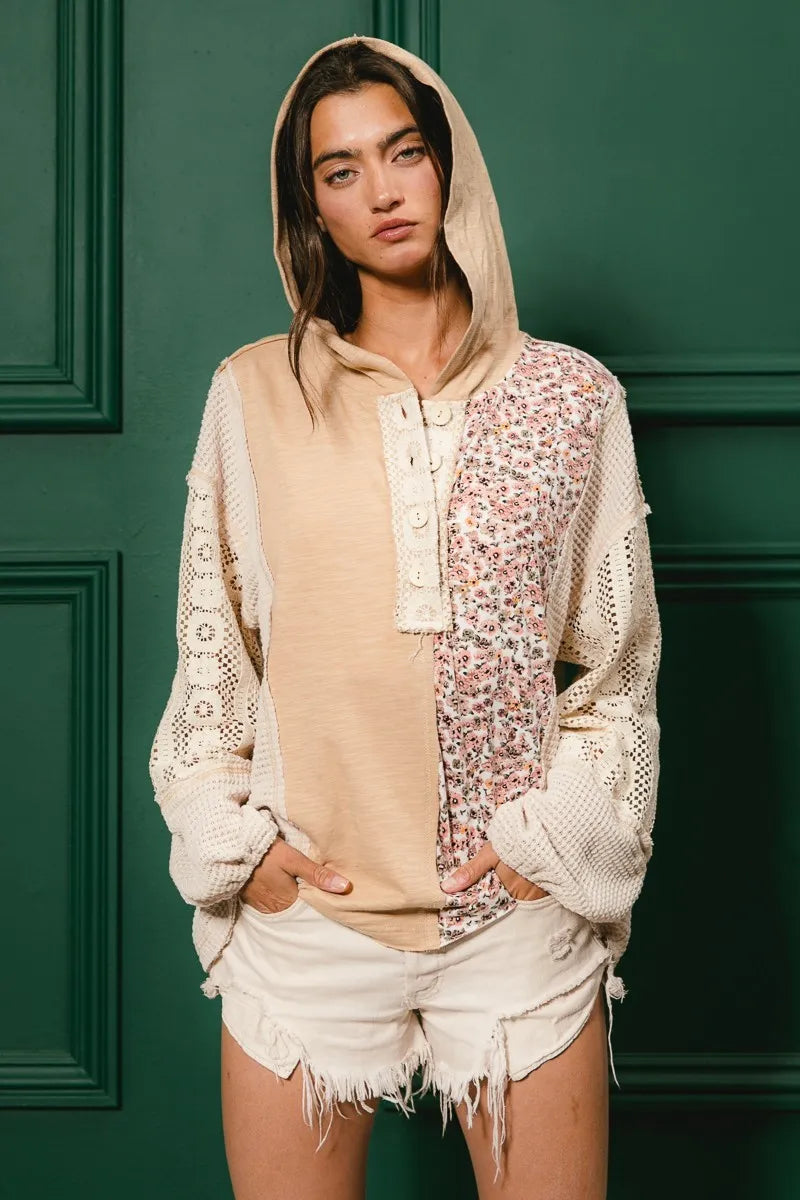 Image of BiBi Slub Jersey with Lace Combo Buttoned Hoodie Top | Queeble.shop