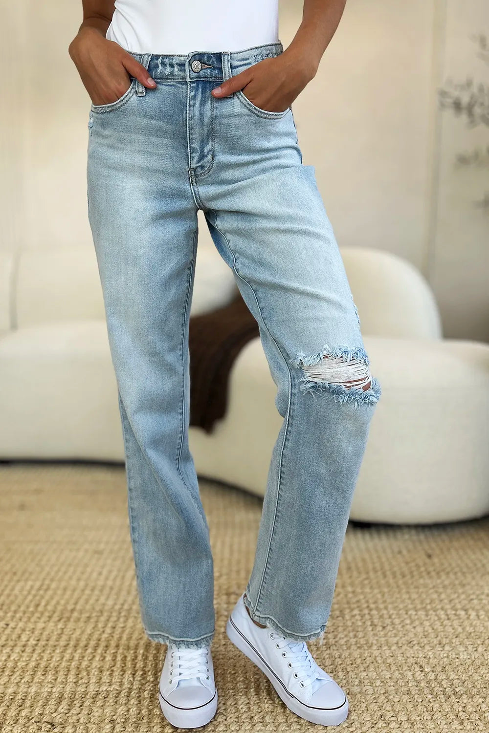 Image of Judy Blue Full Size High Waist Distressed Straight Jeans | Queeble.shop