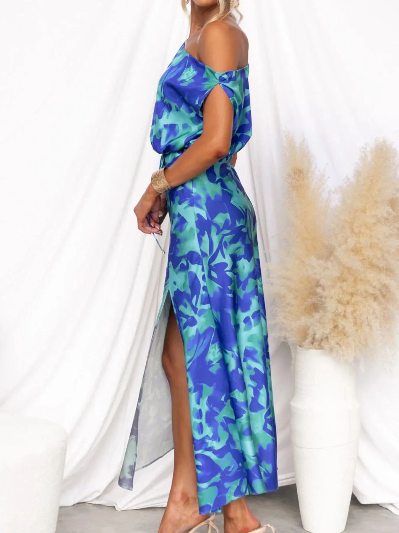 Image of One Shoulder Printed Dress with Slit | Queeble.shop