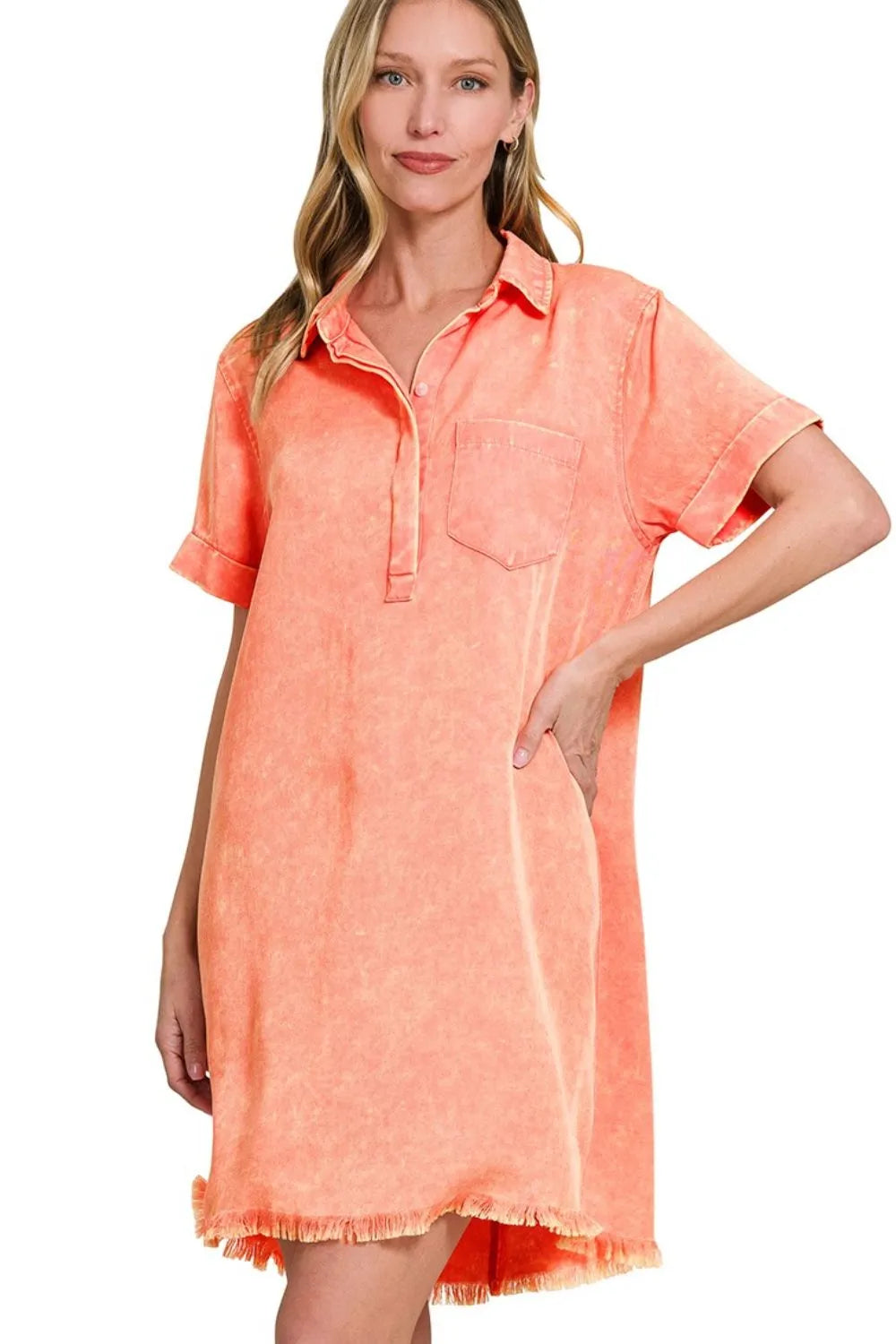 Image of Zenana Tencel Mineral Washed Collared Shirts Dress | Queeble.shop