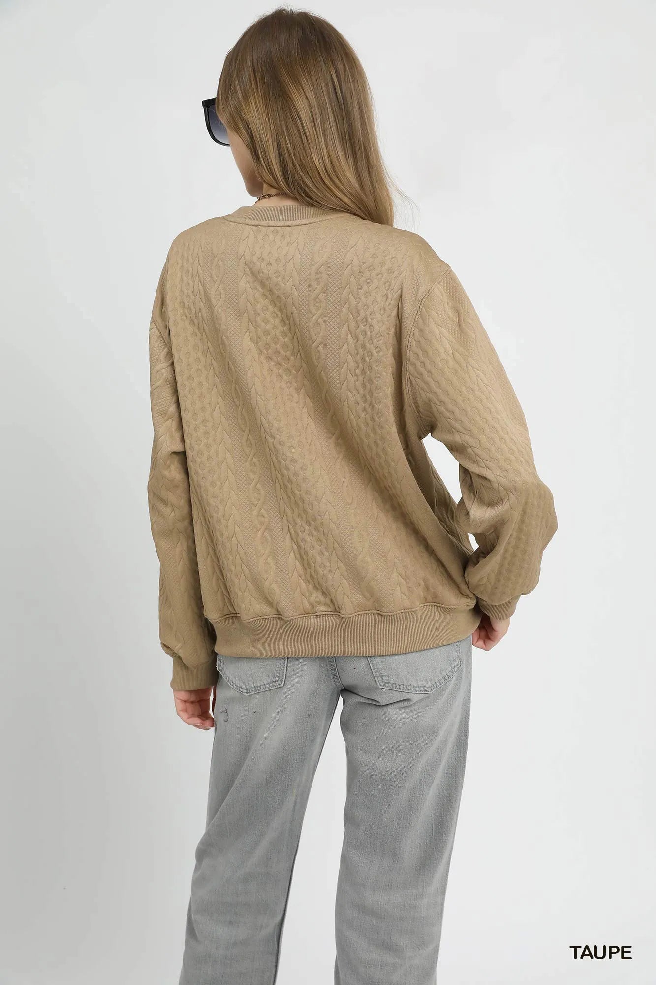 Image of Umgee Cable Texture Pattern Sweatshirt with Ribbed Hem | Queeble.shop