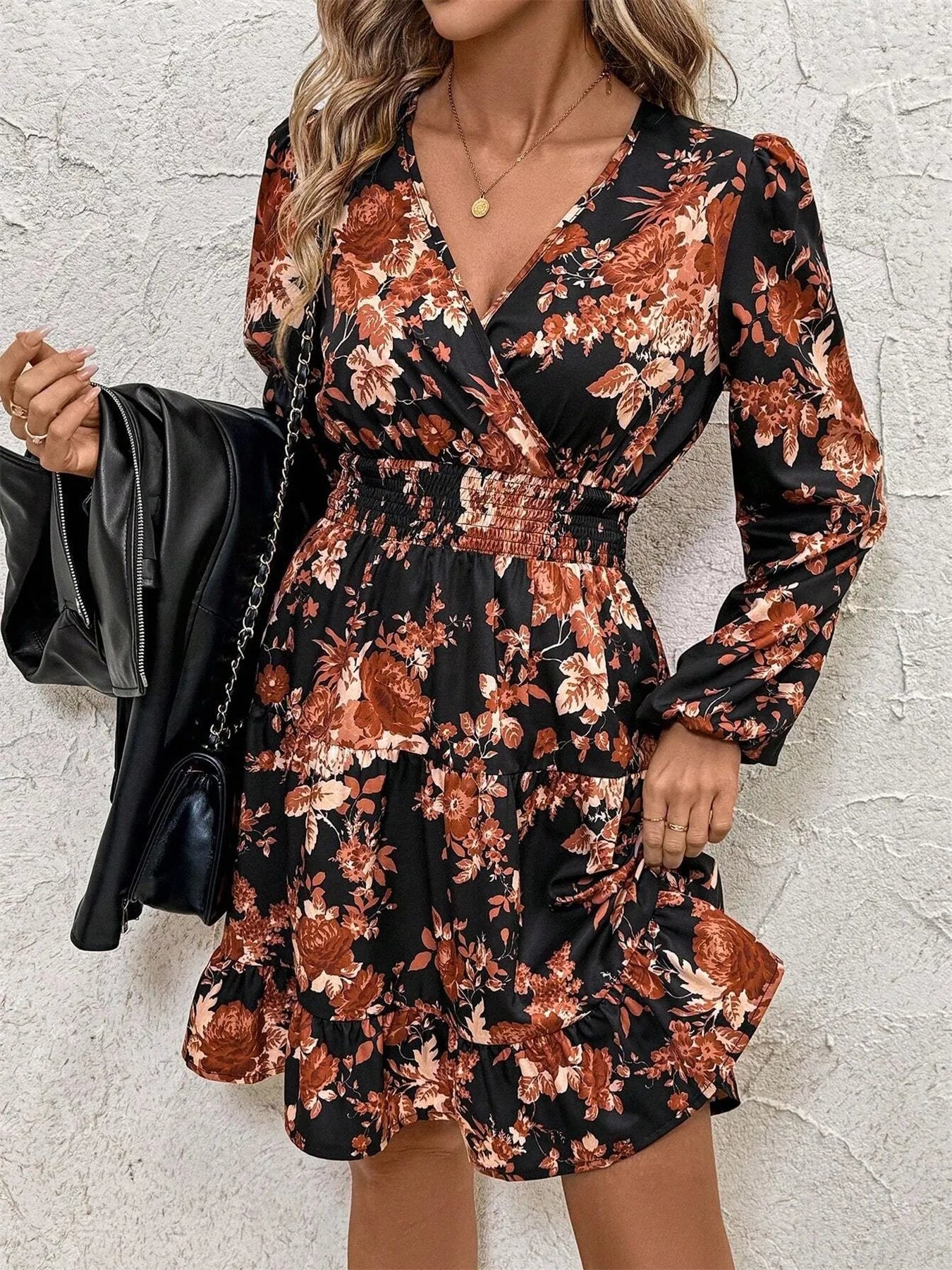 Image of Floral Print Long Sleeve Dress with Ruffle Hem | Queeble.shop