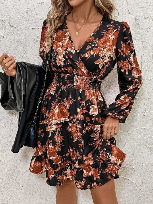 Image of Floral Print Long Sleeve Dress with Ruffle Hem | Queeble.shop