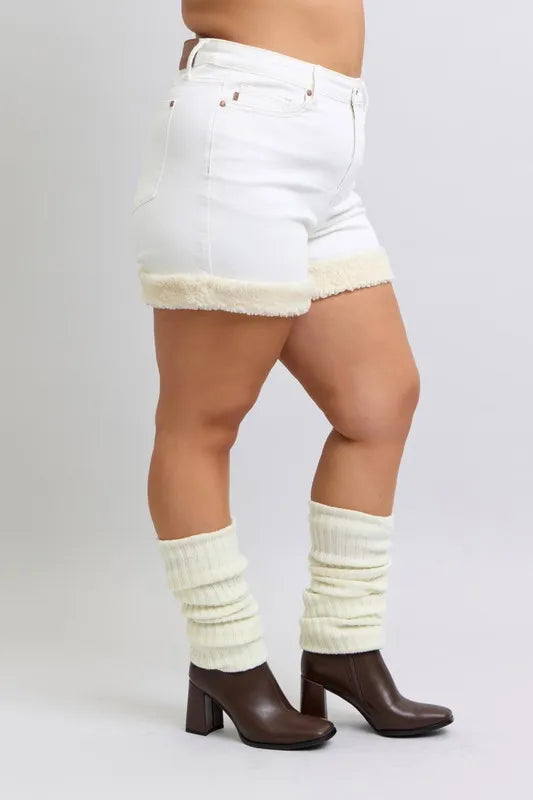 Image of Judy Blue Full Size High Waist Shearling Cuff Denim Shorts Plus Size | Queeble.shop