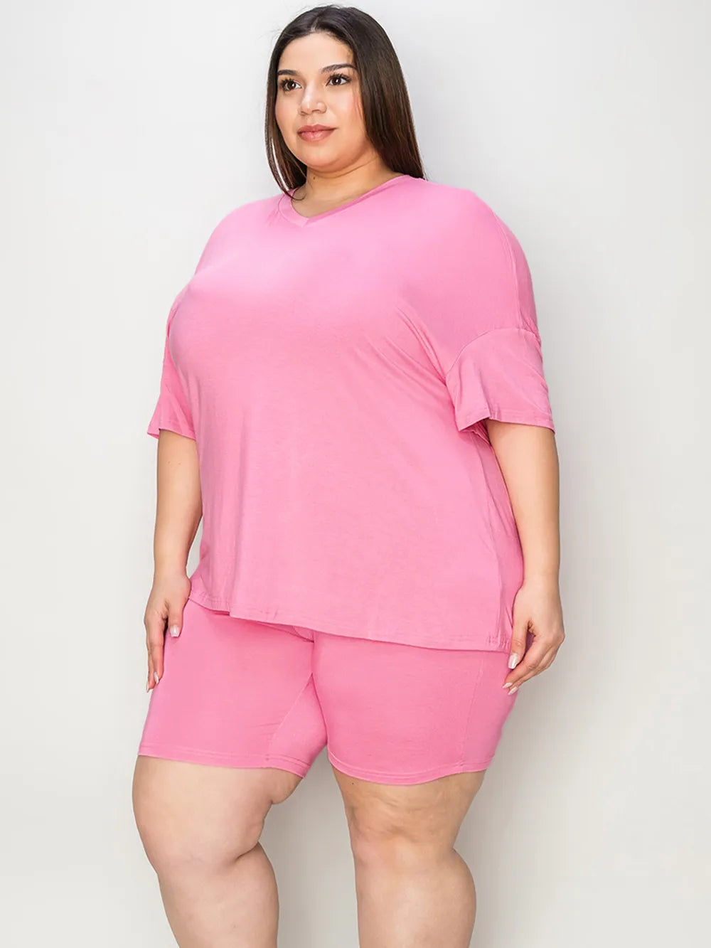 Image of Basic Bae Full Size V-Neck Drop Shoulder T-Shirt and Shorts Set | Queeble.shop