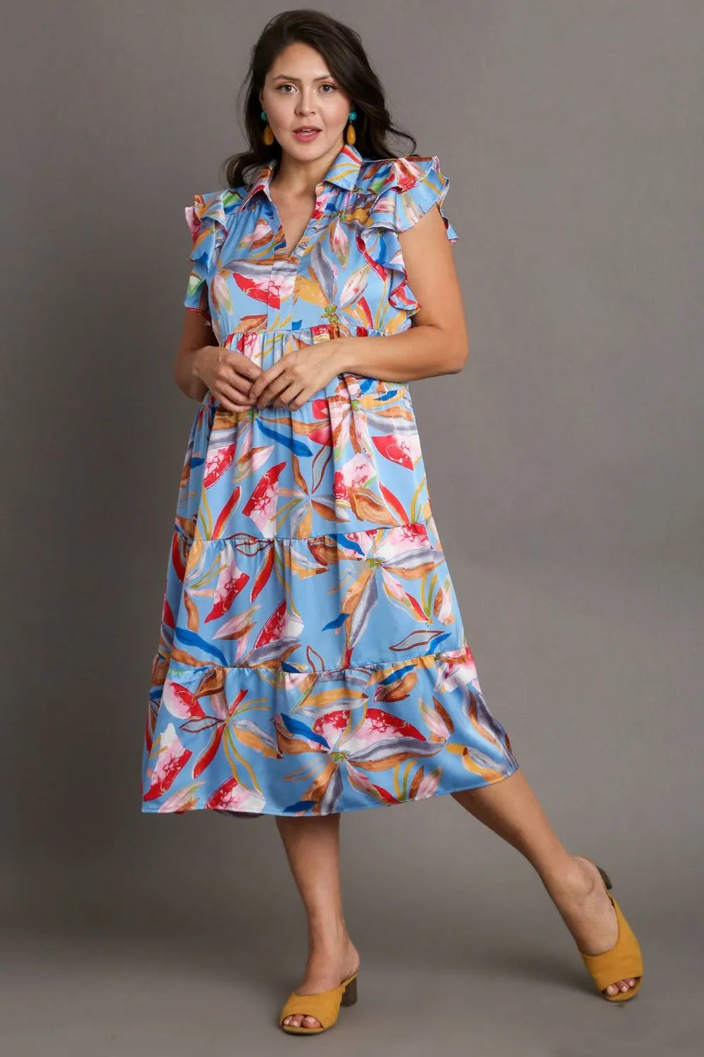 Image of Umgee Full Size Leaf Print Double Layered Ruffle Sleeve Tiered Midi Dress Plus Size | Queeble.shop