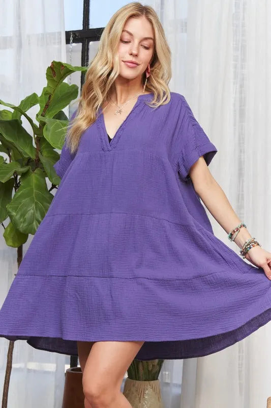 Image of ADORA Tiered Notched Short Sleeve Dress | Queeble.shop