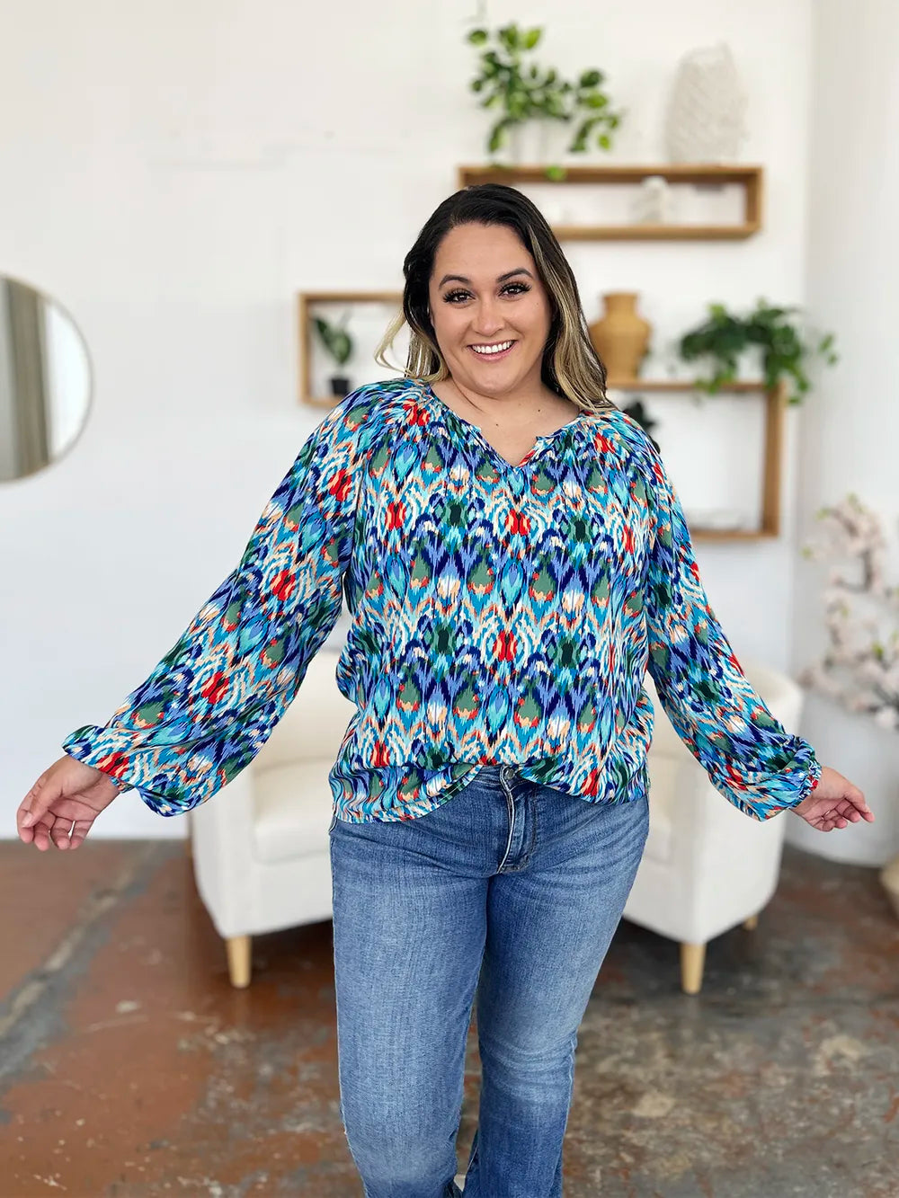 Image of Double Take Full Size Printed Balloon Sleeve Blouse | Queeble.shop