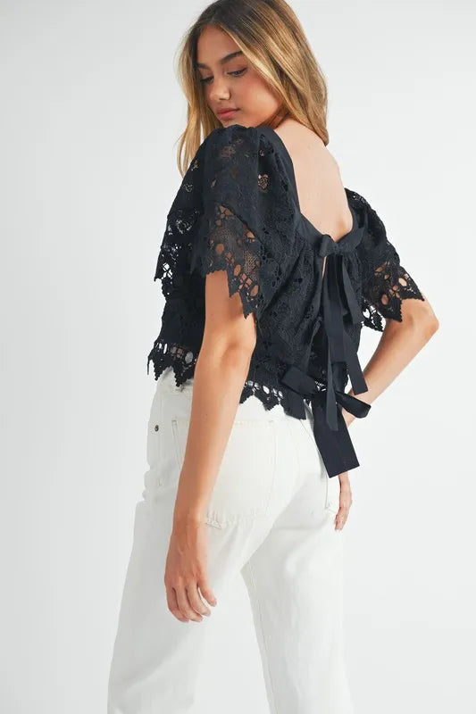 Image of MABLE Square Neck Crochet Lace Top With Double Bow Tie | Queeble.shop