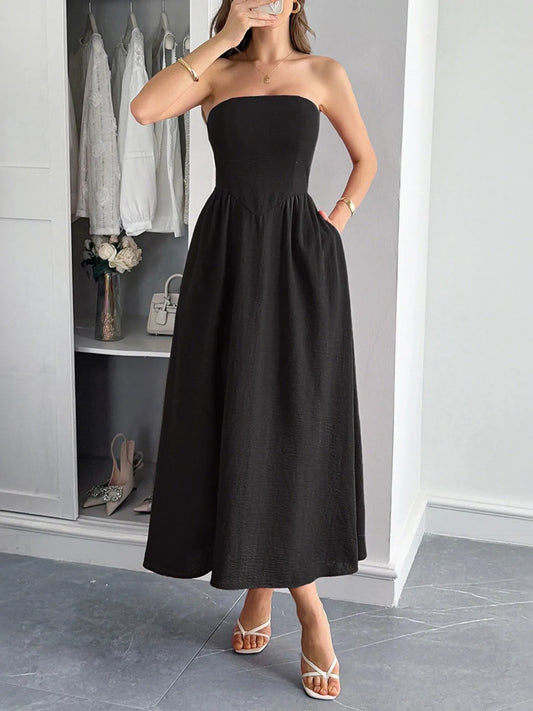 Image of Strapless A-Line Midi Dress with Pockets | Queeble.shop