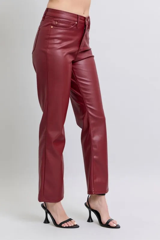 Image of Judy Blue Full Size High Waist Tummy Control Faux Leather Straight Pants Plus Size | Queeble.shop