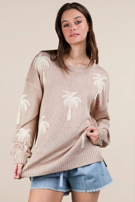 Image of VERY J Palm Tree Graphic Oversized Knit Sweater | Queeble.shop