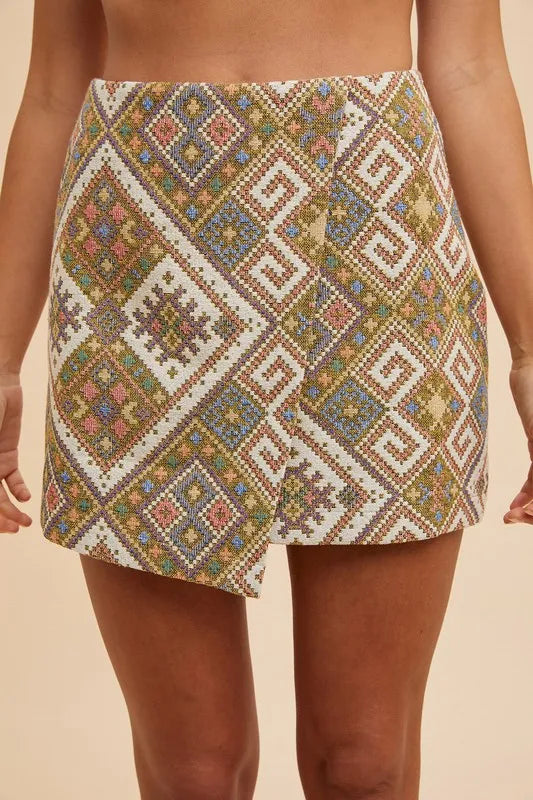 Image of Annie Wear Ethic Woven Jacquard Wrap Mini Skirt | Queeble.shop