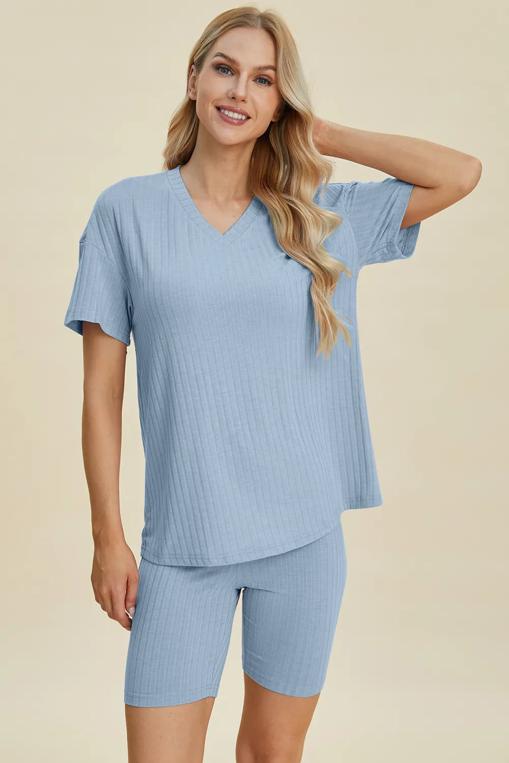Image of Basic Bae Full Size Ribbed V-Neck Short Sleeve Top and Shorts Set | Queeble.shop