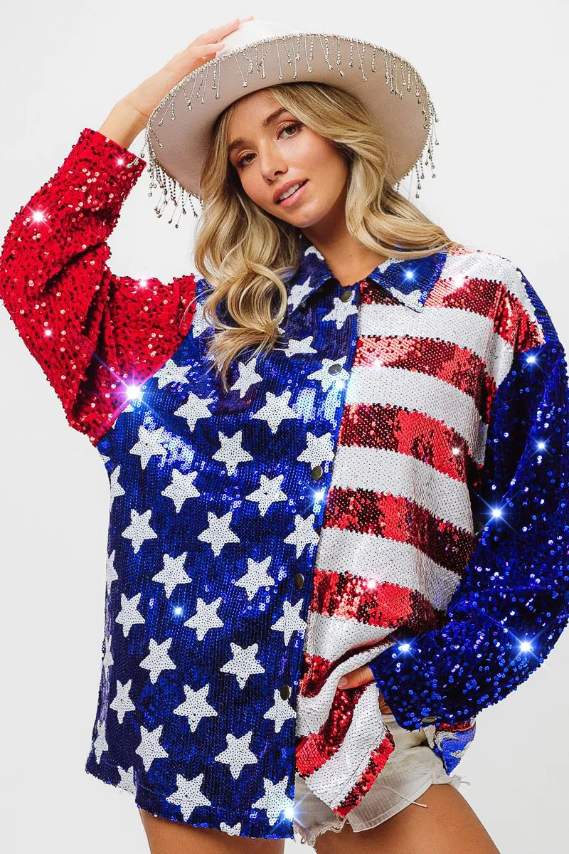 Image of BiBi Velvet Sequin American Flag Shirt | Queeble.shop
