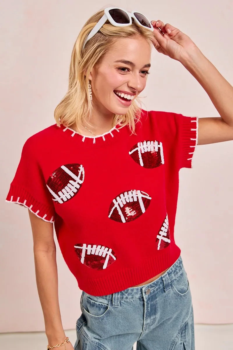 Image of BiBi Gameday Sequin Football Embroidered Stitch Sweater | Queeble.shop