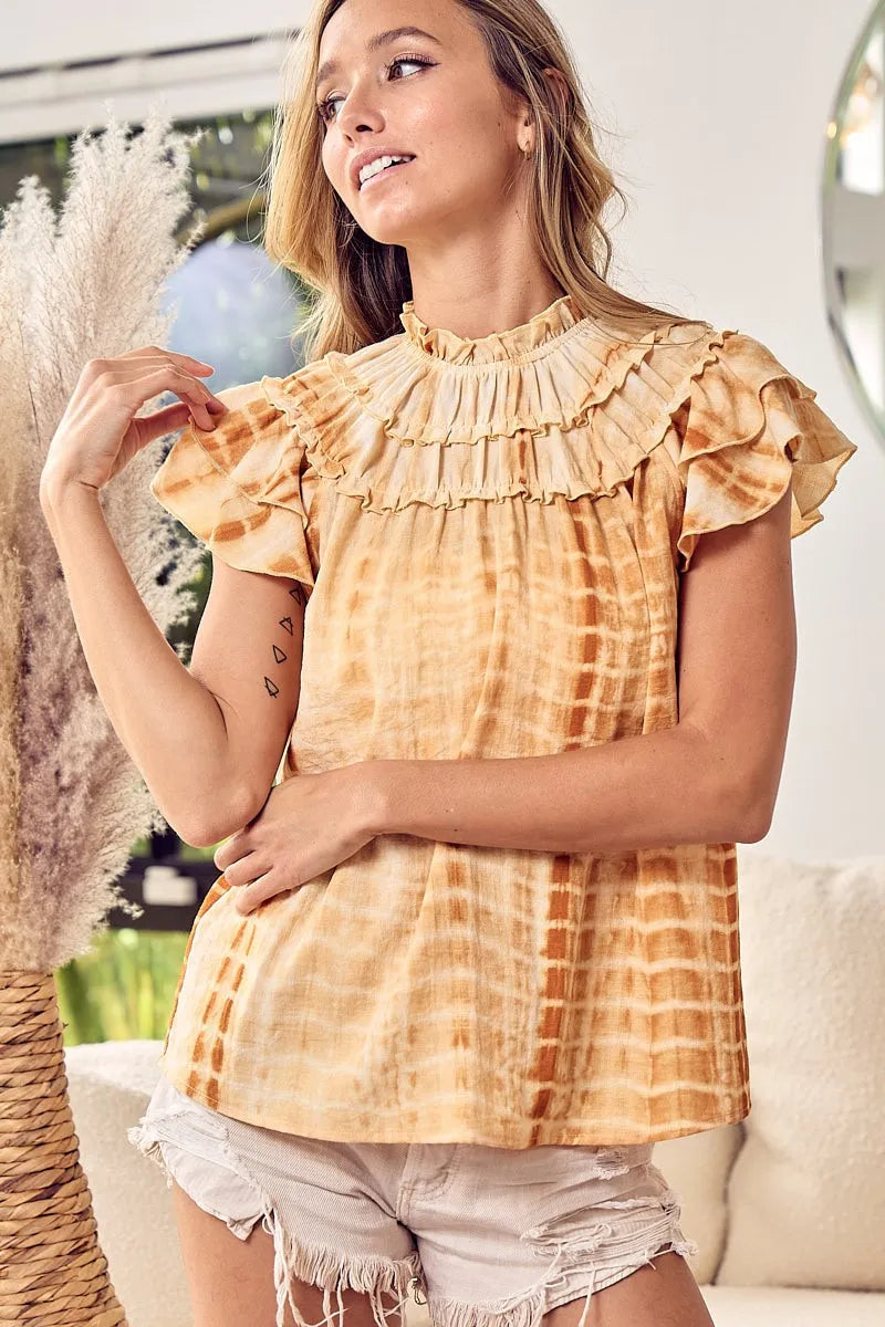 Image of BiBi Tiered Ruffle Neck Tie Dye Top | Queeble.shop