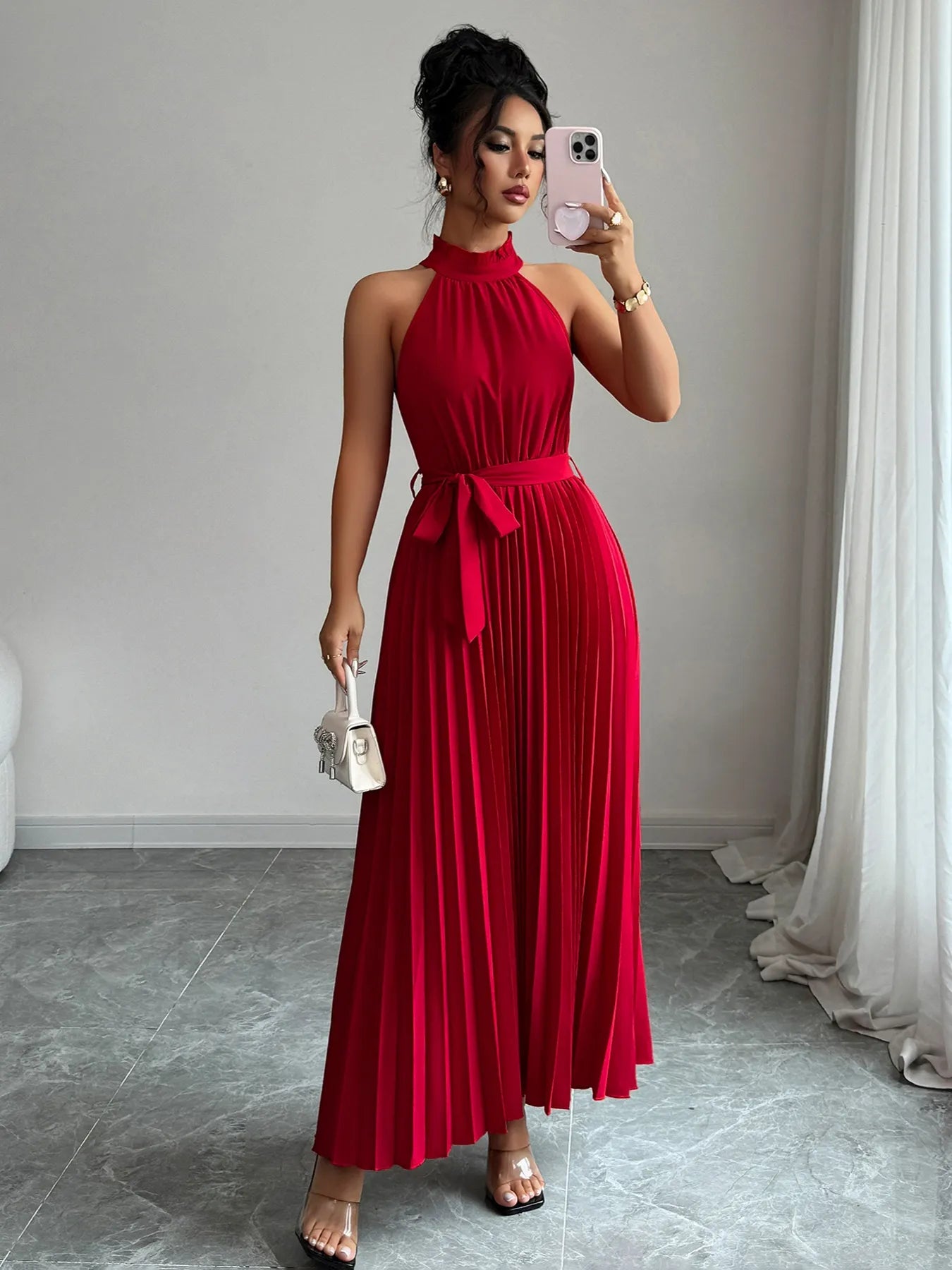 Image of Pleated Halter Neck Tie Waist Maxi Dress | Queeble.shop