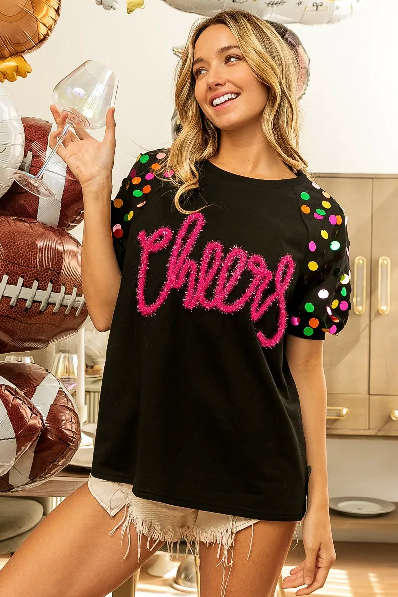 Image of BiBi Metallic Letter Spangle Raglan Puff Sleeve Top | Queeble.shop
