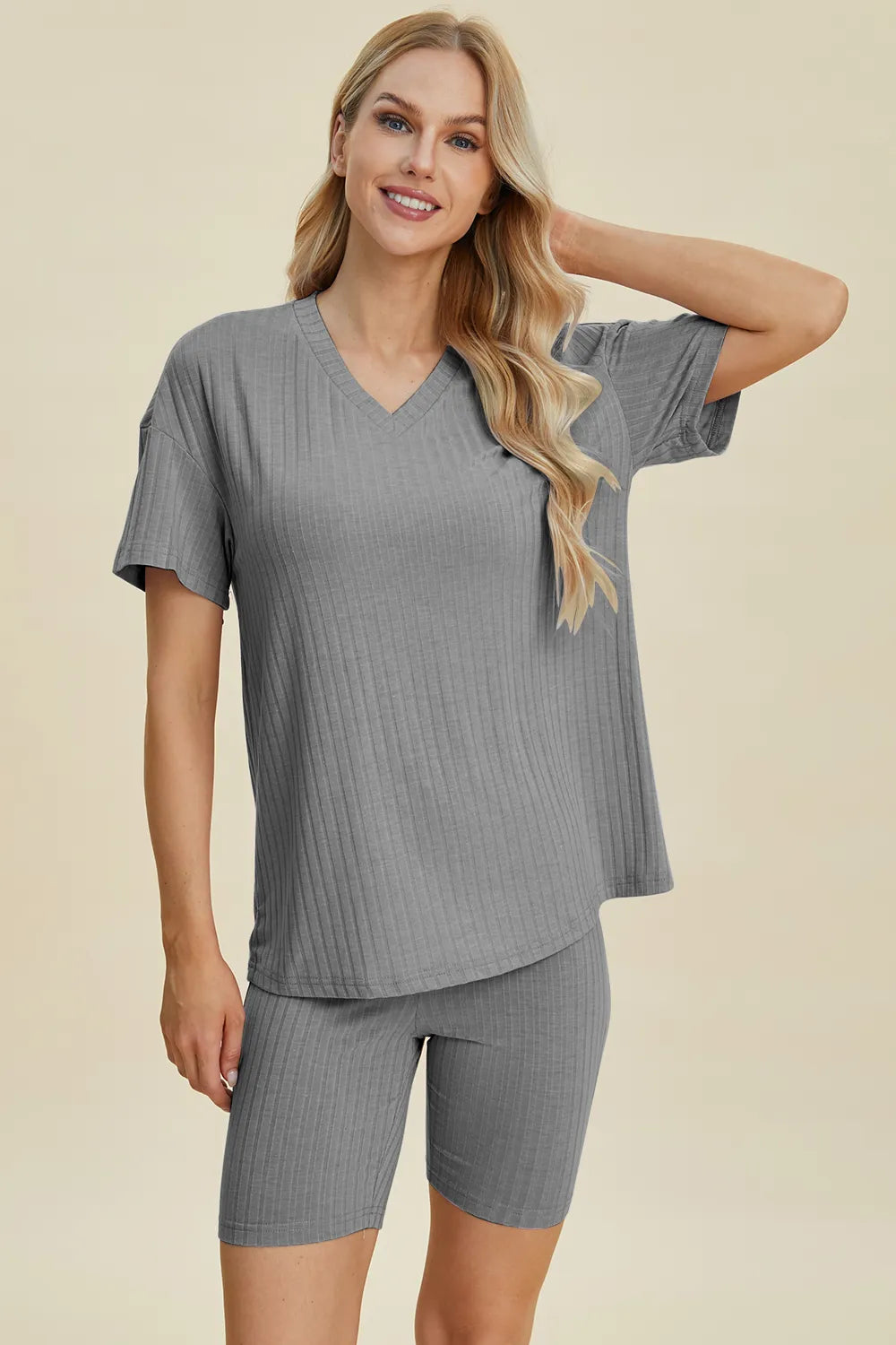 Image of Basic Bae Full Size Ribbed V-Neck Short Sleeve Top and Shorts Set | Queeble.shop