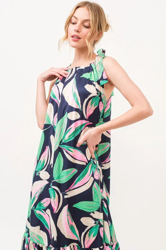 Image of And The Why Botanical Printed Halterneck Tiered Maxi Dress | Queeble.shop