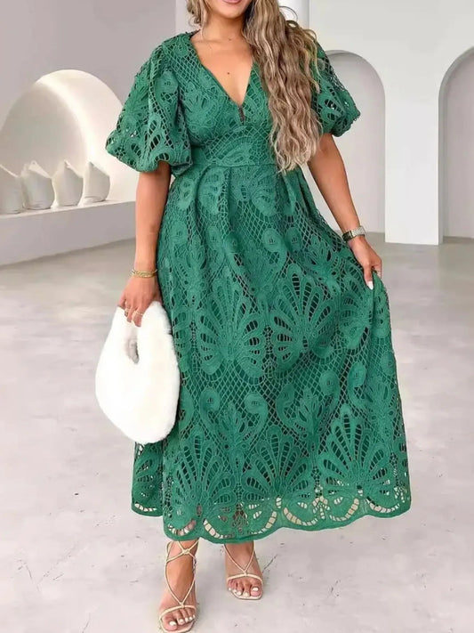 Image of Lace V-Neck Midi Dress with Puff Sleeves | Queeble.shop