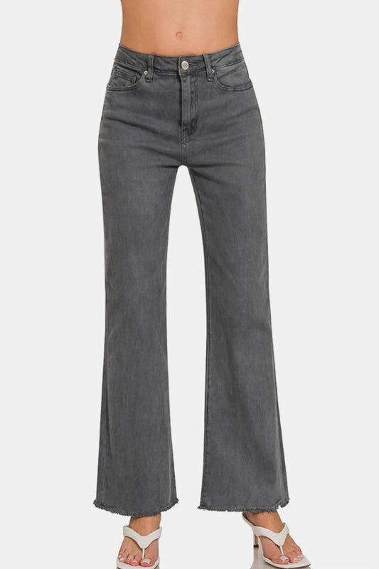 Image of Zenana Acid Washed Frayed Hem Bootcut Jeans | Queeble.shop