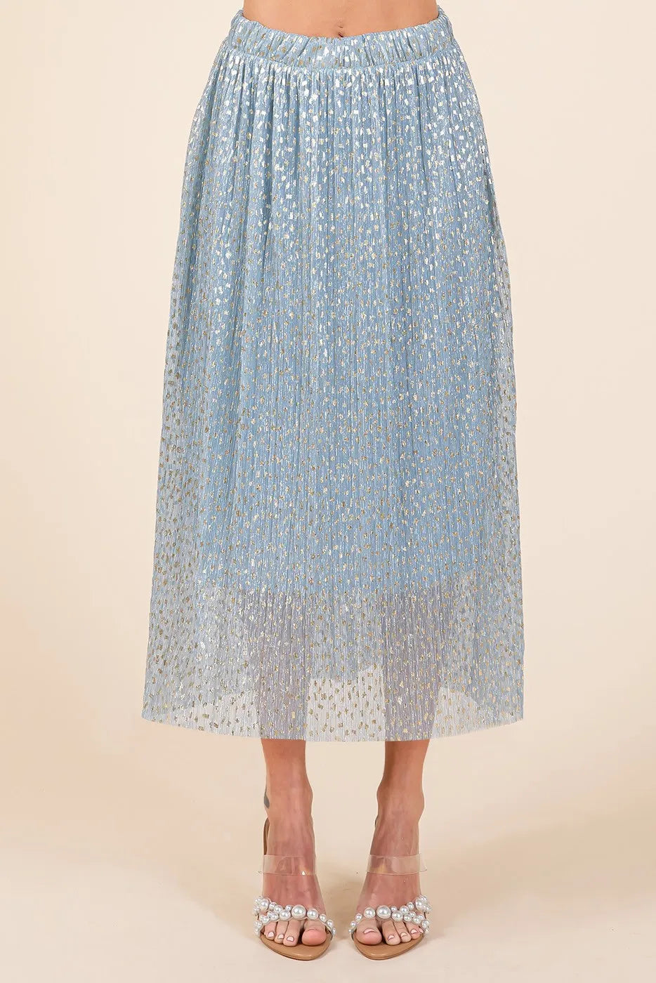 Image of Mittoshop Metallic Glitter Speckle Print Elastic Midi Skirt | Queeble.shop