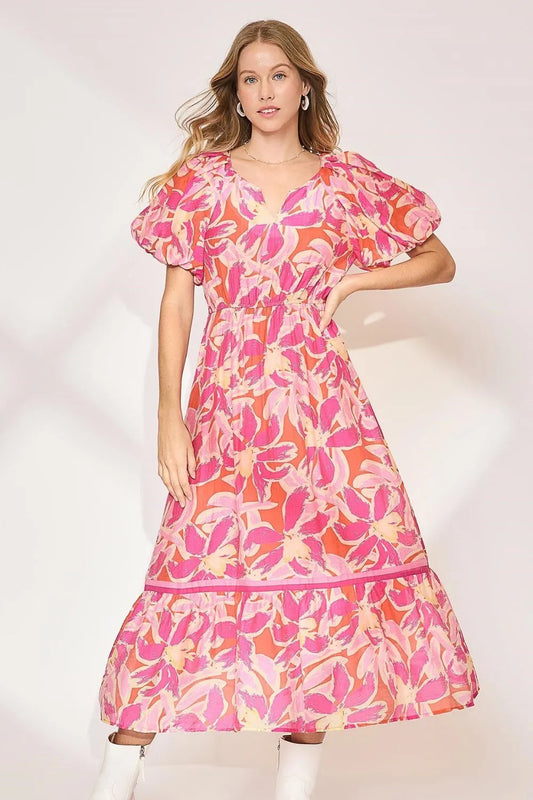 Image of Umgee Floral Notched Puff Sleeve Midi Dress | Queeble.shop
