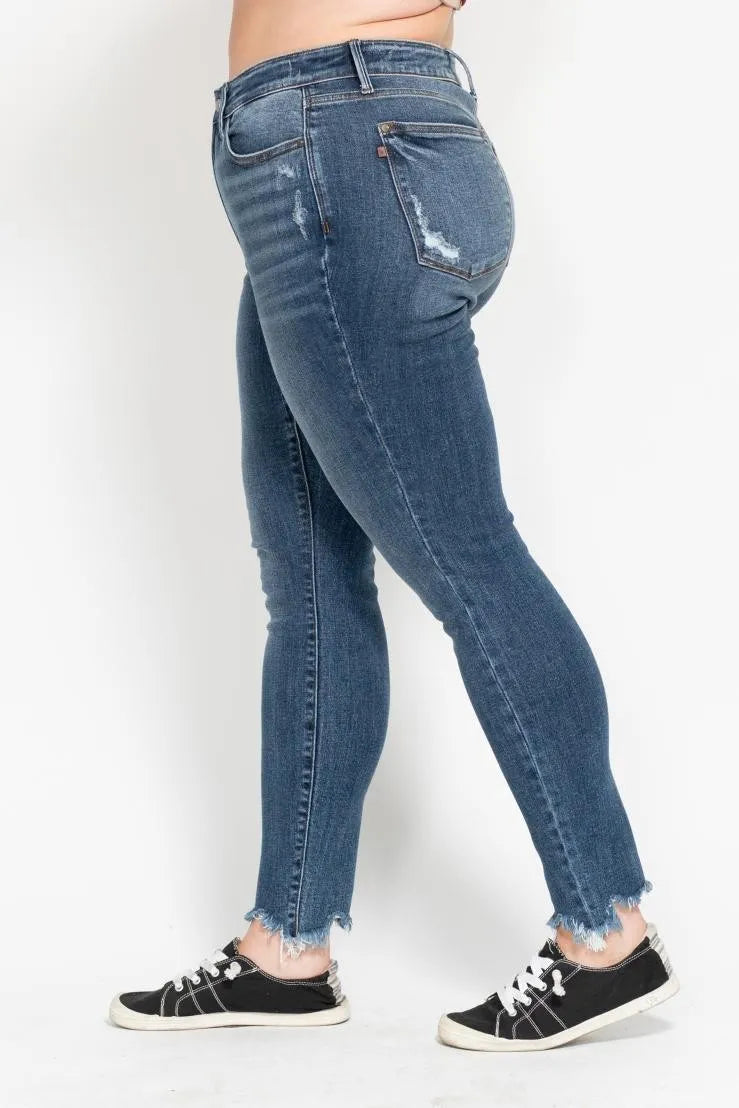 Image of Judy Blue Plus Size High Waist Skinny with Destroy & Shark Bit Hem | Queeble.shop