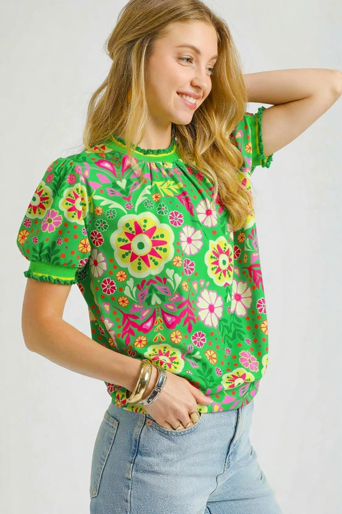 Image of Umgee Retro Floral Puff Sleeve Top | Queeble.shop